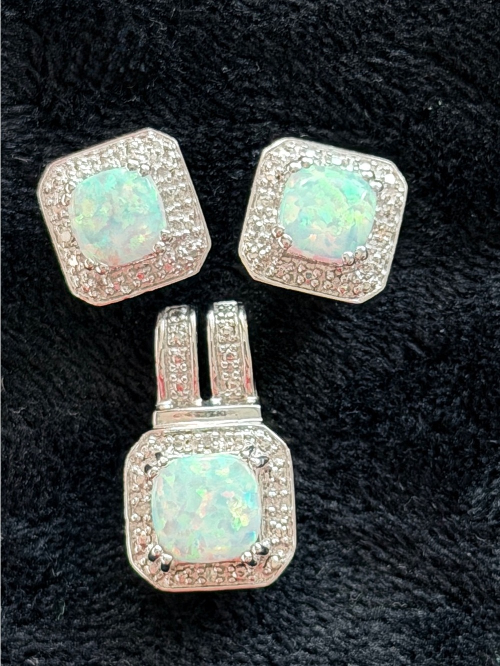Classic Sterling Silver White Opal Halo Stud Earrings and Pendant Set -